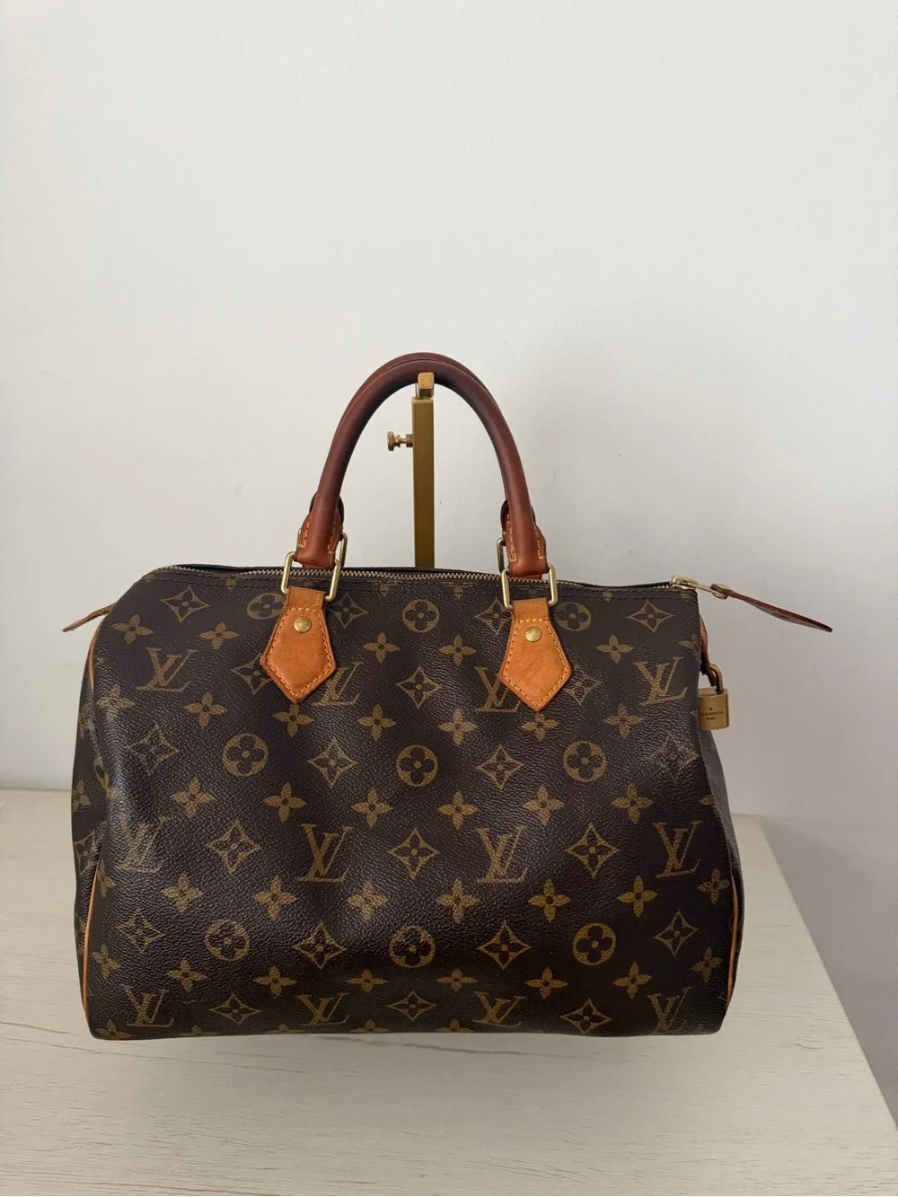Louis Vuitton Brown Monogram Canvas Satchel with Tan Trim and Gold Hardware